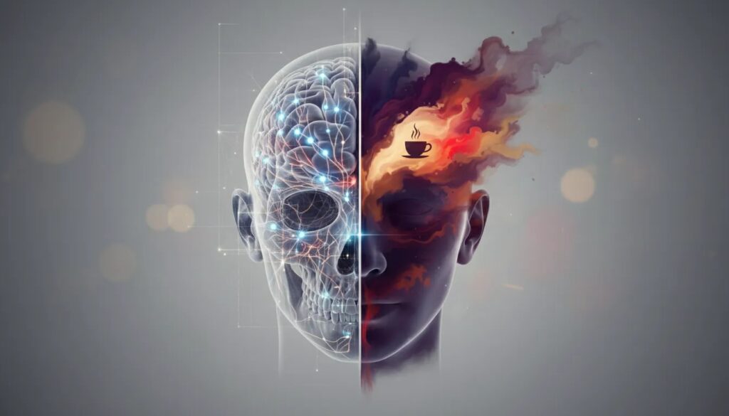 Illustrazione concettuale: testa umana divisa, metà con circuiti neuronali blu, metà con vortice di colori e immagini sensoriali (caffè, bagliore di dolore) a evocare i qualia