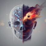 Illustrazione concettuale: testa umana divisa, metà con circuiti neuronali blu, metà con vortice di colori e immagini sensoriali (caffè, bagliore di dolore) a evocare i qualia