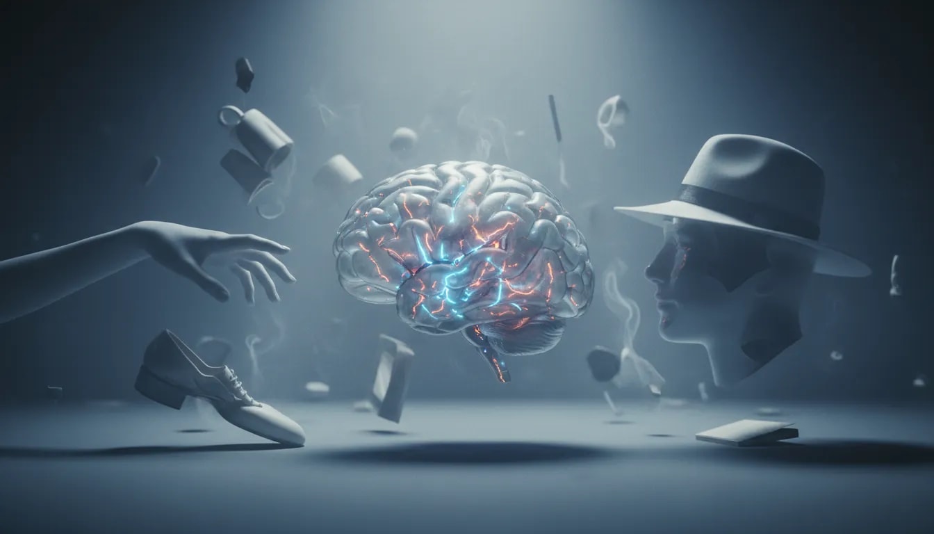 Illustrazione surreale del cervello che distorce la percezione della realtà, con immagini riflesse e doppie interpretazioni in stile neurologico