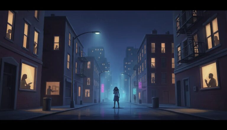 Scena notturna urbana con finestre illuminate e persone in silhouette che osservano senza intervenire, atmosfera inquietante ispirata all’effetto spettatore.