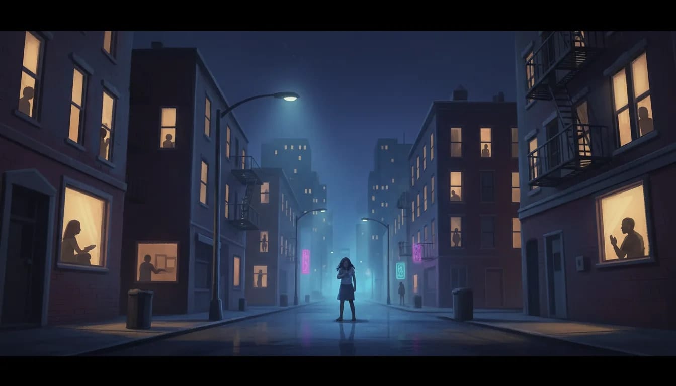 Scena notturna urbana con finestre illuminate e persone in silhouette che osservano senza intervenire, atmosfera inquietante ispirata all’effetto spettatore.