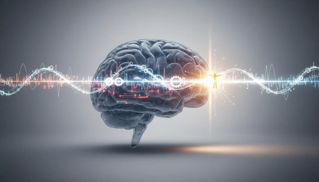 Immagine scientifica cinematografica che mostra il cervello avviare una decisione prima che la coscienza ne prenda consapevolezza, con luce e traiettorie temporali semi-trasparenti.