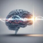 Immagine scientifica cinematografica che mostra il cervello avviare una decisione prima che la coscienza ne prenda consapevolezza, con luce e traiettorie temporali semi-trasparenti.