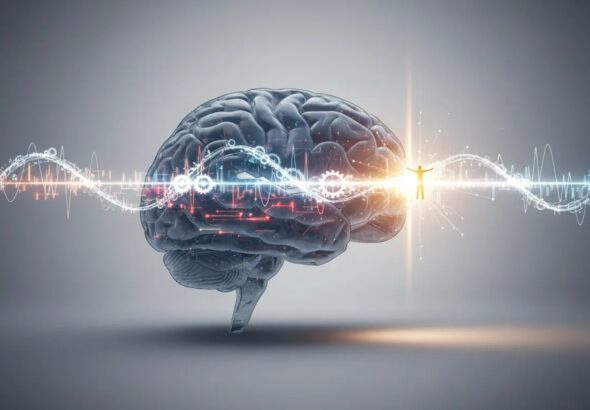 Immagine scientifica cinematografica che mostra il cervello avviare una decisione prima che la coscienza ne prenda consapevolezza, con luce e traiettorie temporali semi-trasparenti.