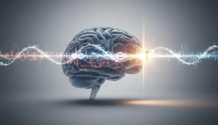 Immagine scientifica cinematografica che mostra il cervello avviare una decisione prima che la coscienza ne prenda consapevolezza, con luce e traiettorie temporali semi-trasparenti.