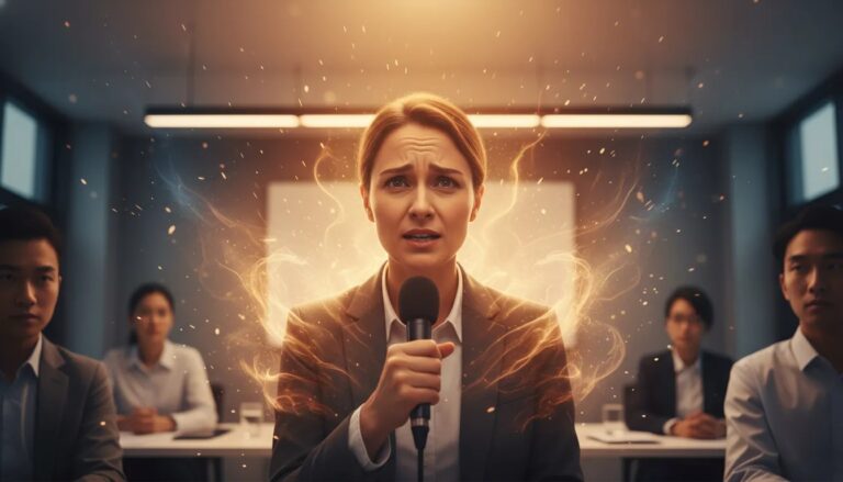 Illustrazione di una persona che parla in pubblico con la paura che si trasforma in luce e sicurezza.