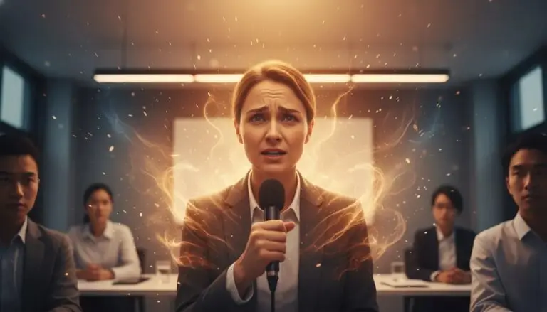 Illustrazione di una persona che parla in pubblico con la paura che si trasforma in luce e sicurezza.