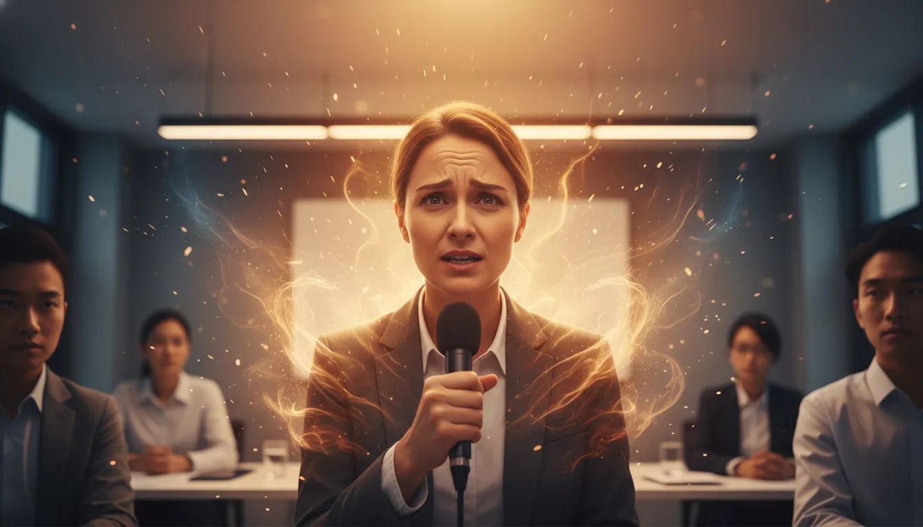 Illustrazione di una persona che parla in pubblico con la paura che si trasforma in luce e sicurezza.