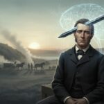 Illustrazione cinematografica ispirata al caso di Phineas Gage: un’asta di ferro attraversa la scena e una luce neuronale emerge, senza mostrare testo o dettagli espliciti di ferite.