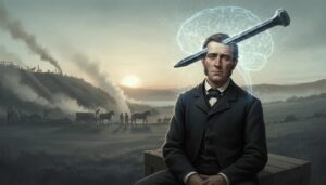 Illustrazione cinematografica ispirata al caso di Phineas Gage: un’asta di ferro attraversa la scena e una luce neuronale emerge, senza mostrare testo o dettagli espliciti di ferite.
