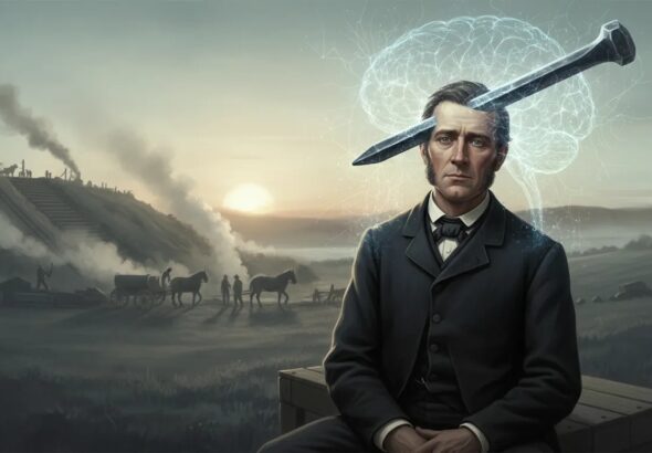 Illustrazione cinematografica ispirata al caso di Phineas Gage: un’asta di ferro attraversa la scena e una luce neuronale emerge, senza mostrare testo o dettagli espliciti di ferite.