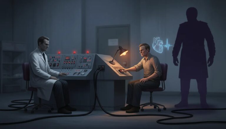 Illustrazione cinematica ispirata all’esperimento di Milgram: un’autorità davanti a un pannello e un partecipante in tensione, simbolo di conflitto tra coscienza e obbedienza.