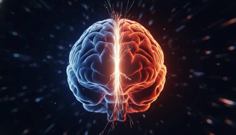Illustrazione concettuale di un cervello diviso in due emisferi con connessioni neurali interrotte, che rappresenta i casi di split brain e il corpo calloso reciso