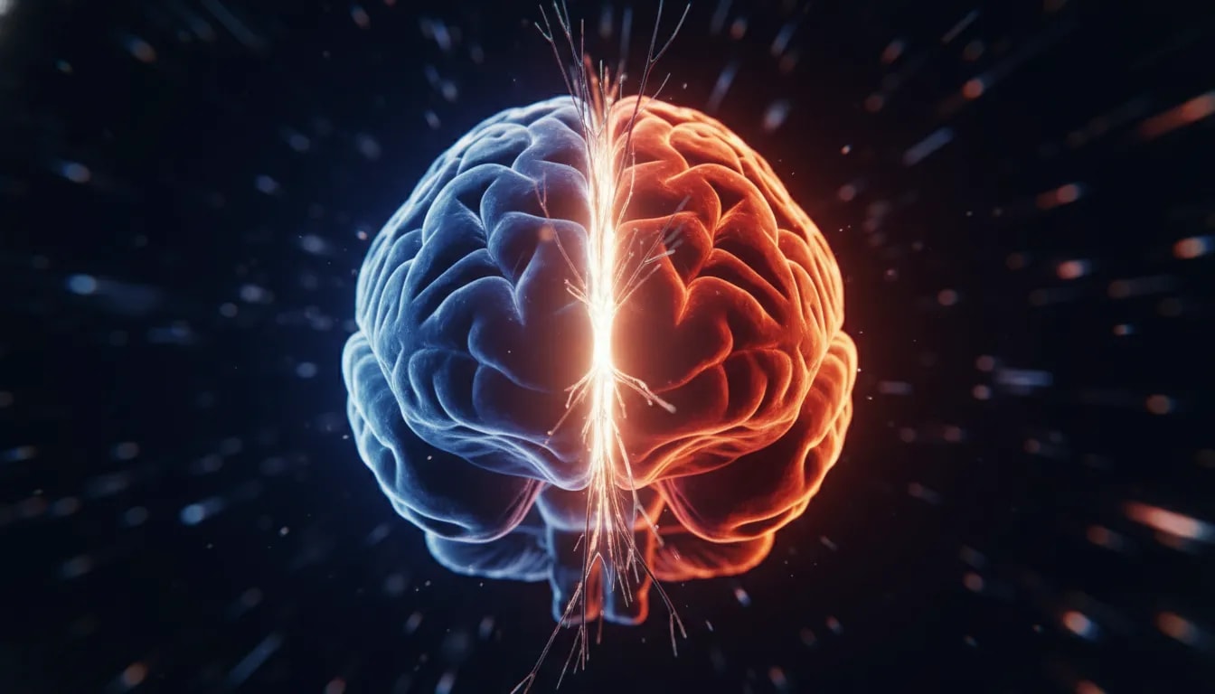 Illustrazione concettuale di un cervello diviso in due emisferi con connessioni neurali interrotte, che rappresenta i casi di split brain e il corpo calloso reciso