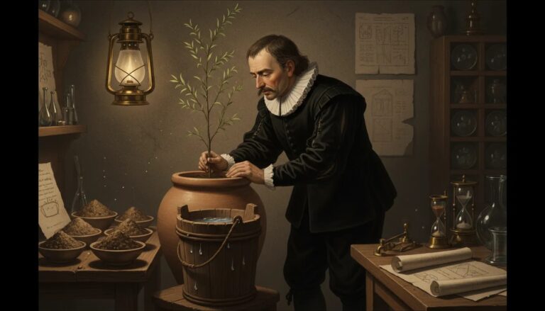 Jean Baptiste Van Helmont osserva un piccolo albero di salice in un vaso sigillato in una stanza da studio del Seicento, con strumenti di misura e acqua piovana