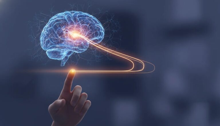 Illustrazione concettuale della coscienza in ritardo: attività cerebrale in un cervello trasparente che precede il movimento di un dito, con scie luminose neuronali senza testo.