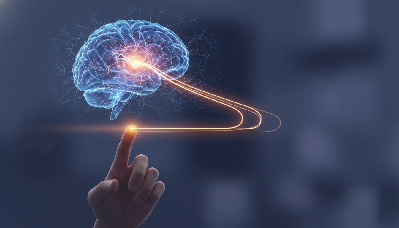 Illustrazione concettuale della coscienza in ritardo: attività cerebrale in un cervello trasparente che precede il movimento di un dito, con scie luminose neuronali senza testo.
