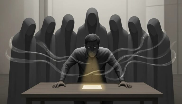 Illustrazione cinematografica del contrasto tra la percezione individuale e la pressione del gruppo nel conformismo sociale, con una persona indecisa davanti a un oggetto semplice circondata da figure in ombra senza volto