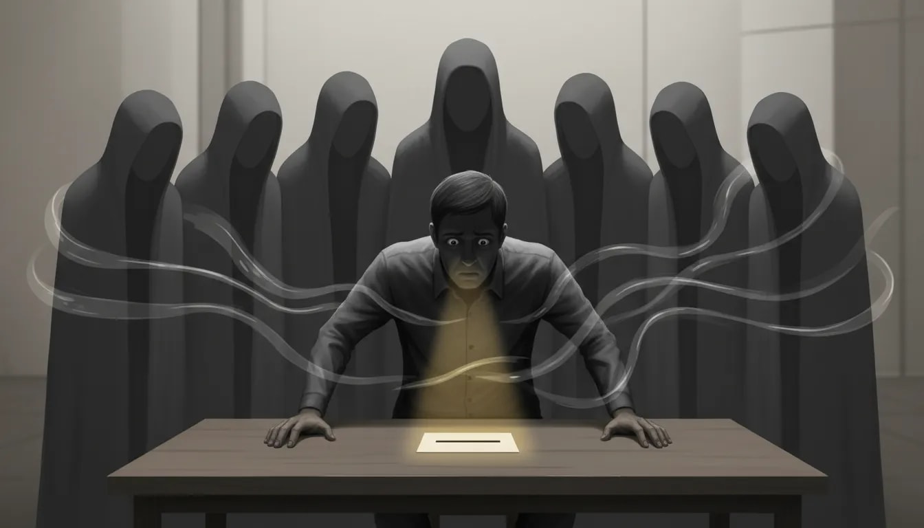 Illustrazione cinematografica del contrasto tra la percezione individuale e la pressione del gruppo nel conformismo sociale, con una persona indecisa davanti a un oggetto semplice circondata da figure in ombra senza volto