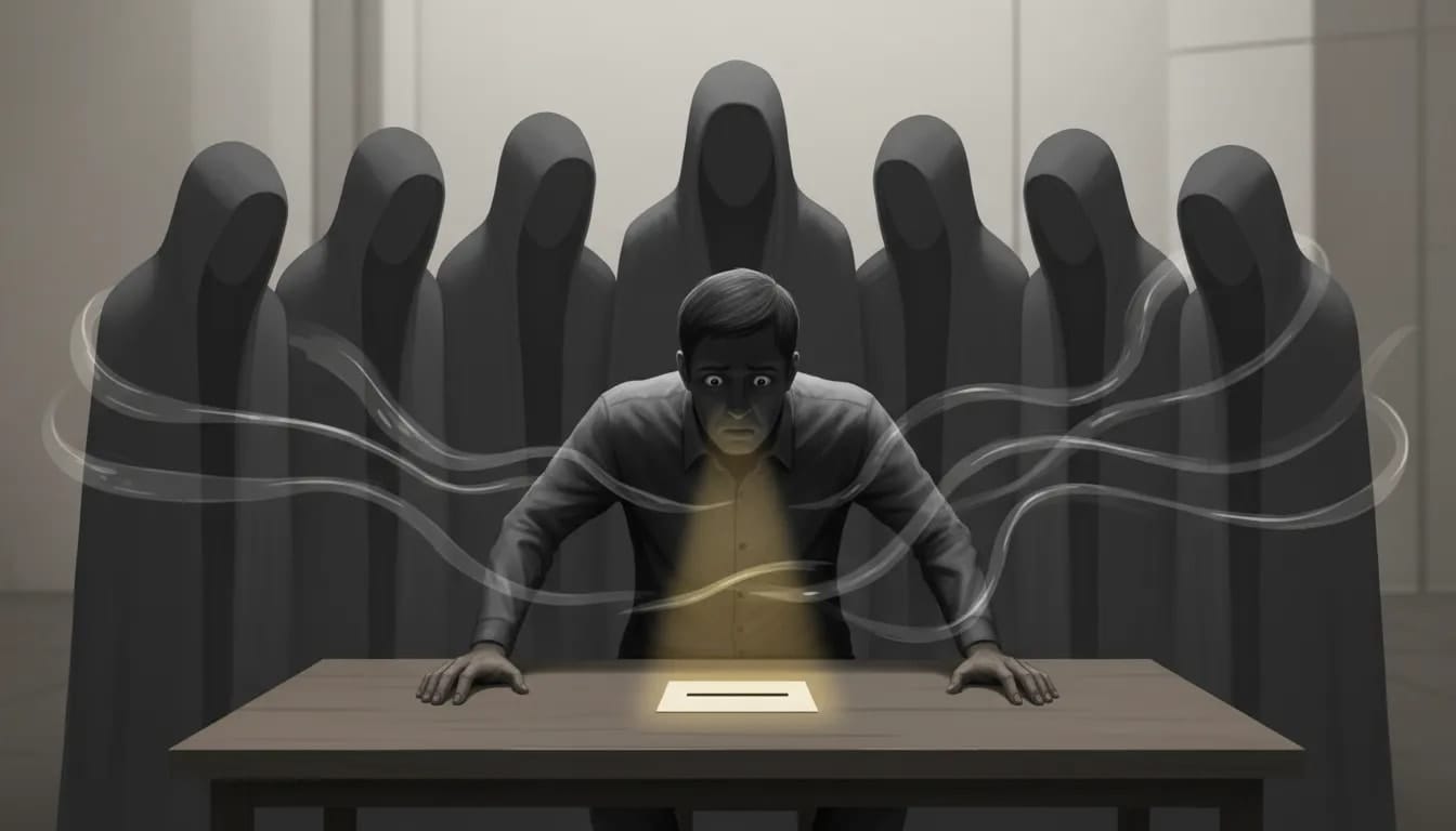 Illustrazione cinematografica del contrasto tra la percezione individuale e la pressione del gruppo nel conformismo sociale, con una persona indecisa davanti a un oggetto semplice circondata da figure in ombra senza volto