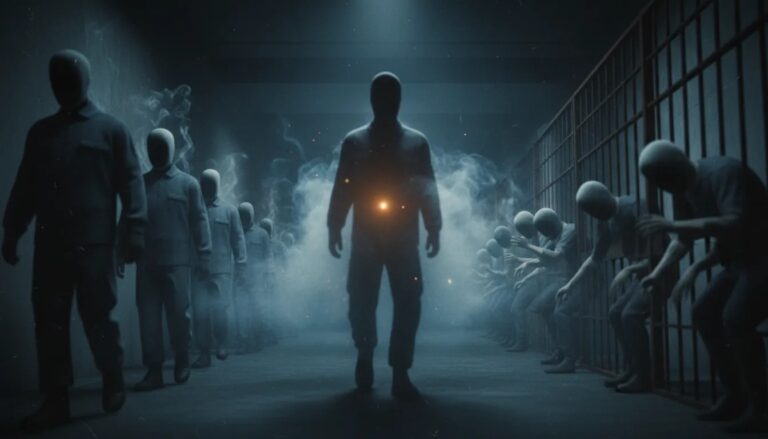 Rappresentazione cinematica dell’esperimento carcerario di Stanford con figure carcerarie in un corridoio buio, identità che si sfuma in ombre e barriere, senza testo.