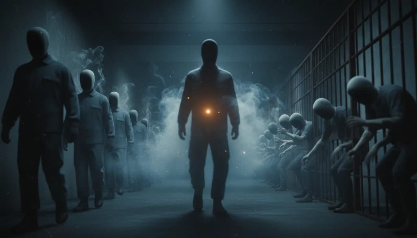 Rappresentazione cinematica dell’esperimento carcerario di Stanford con figure carcerarie in un corridoio buio, identità che si sfuma in ombre e barriere, senza testo.