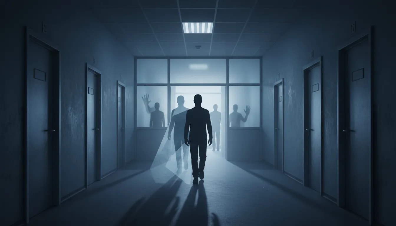 Corridoio di un ospedale psichiatrico con una figura che avanza tra luci fredde e una sagoma sfocata che simboleggia l’etichetta diagnostica