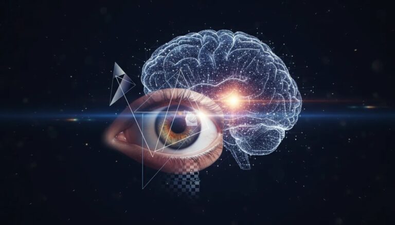 Illustrazione che mostra un occhio e un cervello con raggi di luce e forme geometriche impossibili per rappresentare come il cervello interpreta le illusioni ottiche.