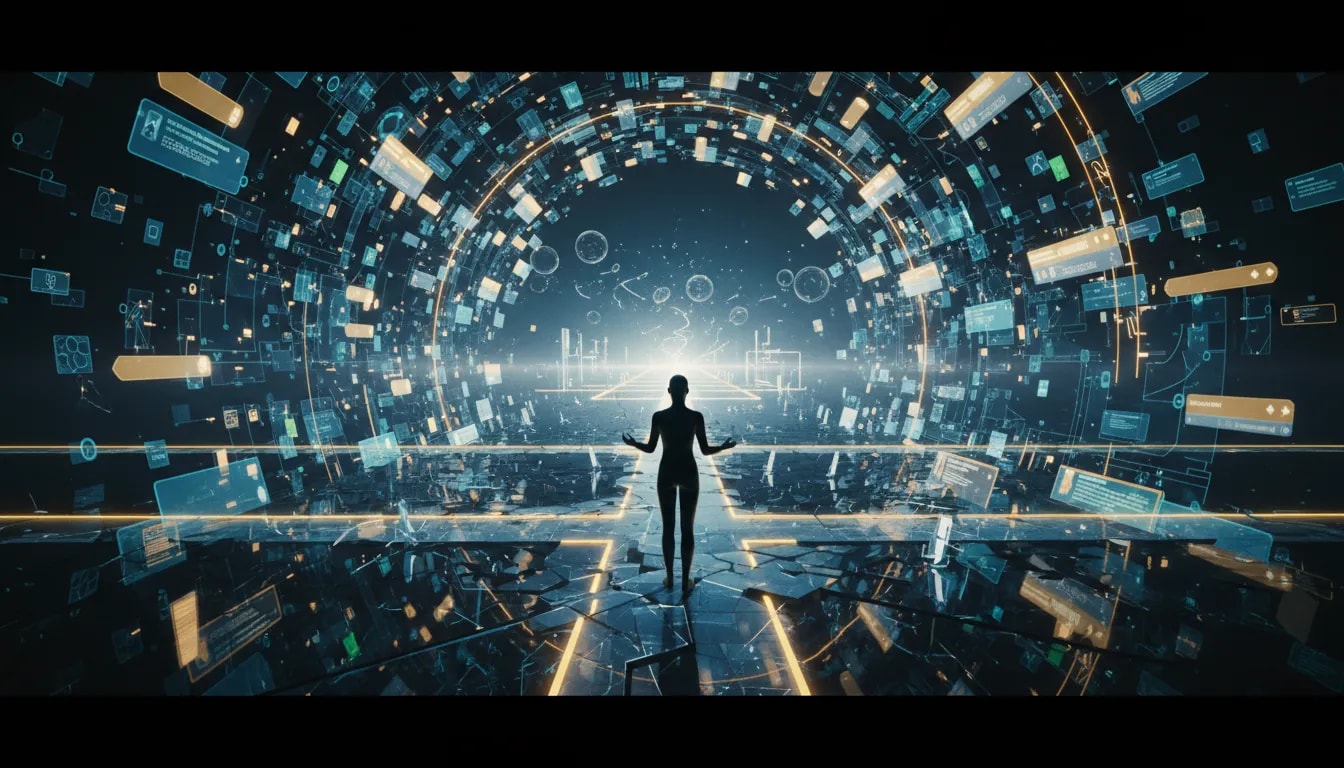 Illustrazione concettuale del paradosso della scelta: una persona al bivio circondata da molte opzioni luminose e sentieri, simbolo di sovraccarico decisionale e confusione