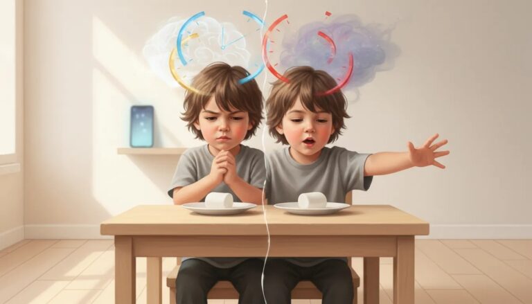 Illustrazione simbolica del test del marshmallow: un bambino di fronte a un marshmallow, con due possibili esiti e segnali visivi di autocontrollo e distrazioni digitali, senza testo.