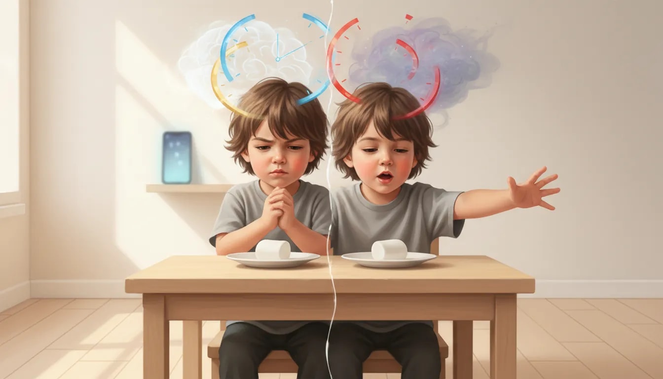 Illustrazione simbolica del test del marshmallow: un bambino di fronte a un marshmallow, con due possibili esiti e segnali visivi di autocontrollo e distrazioni digitali, senza testo.