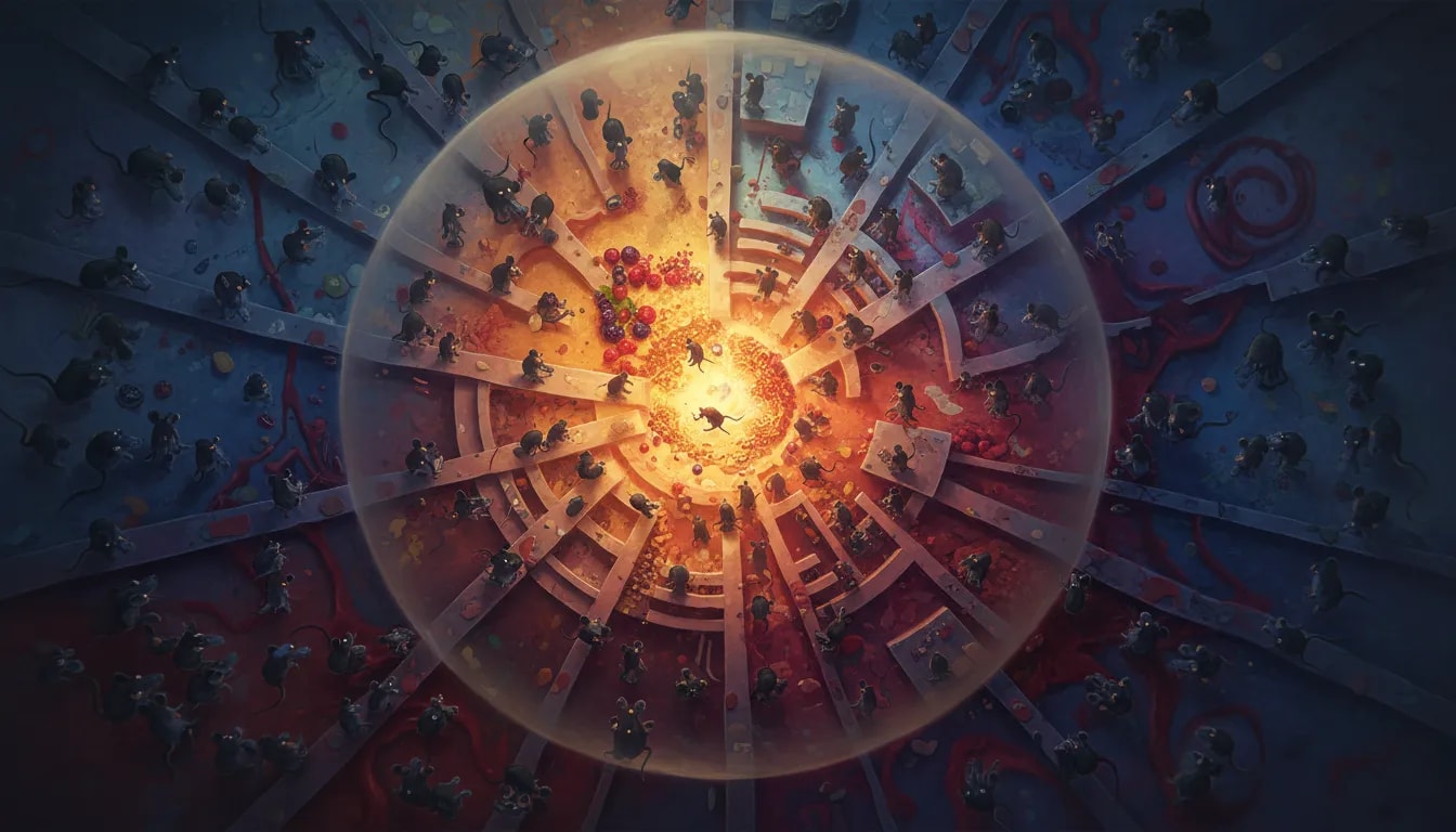Illustrazione surreale dell’esperimento Universe 25 con una zona di apparente abbondanza che sfuma nel caos e nell’isolamento