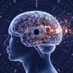 Illustrazione simbolica di un cervello con moduli luminosi della memoria e un’area oscura che rappresenta la perdita di nuovi ricordi, con un orologio astratto senza numeri sullo sfondo