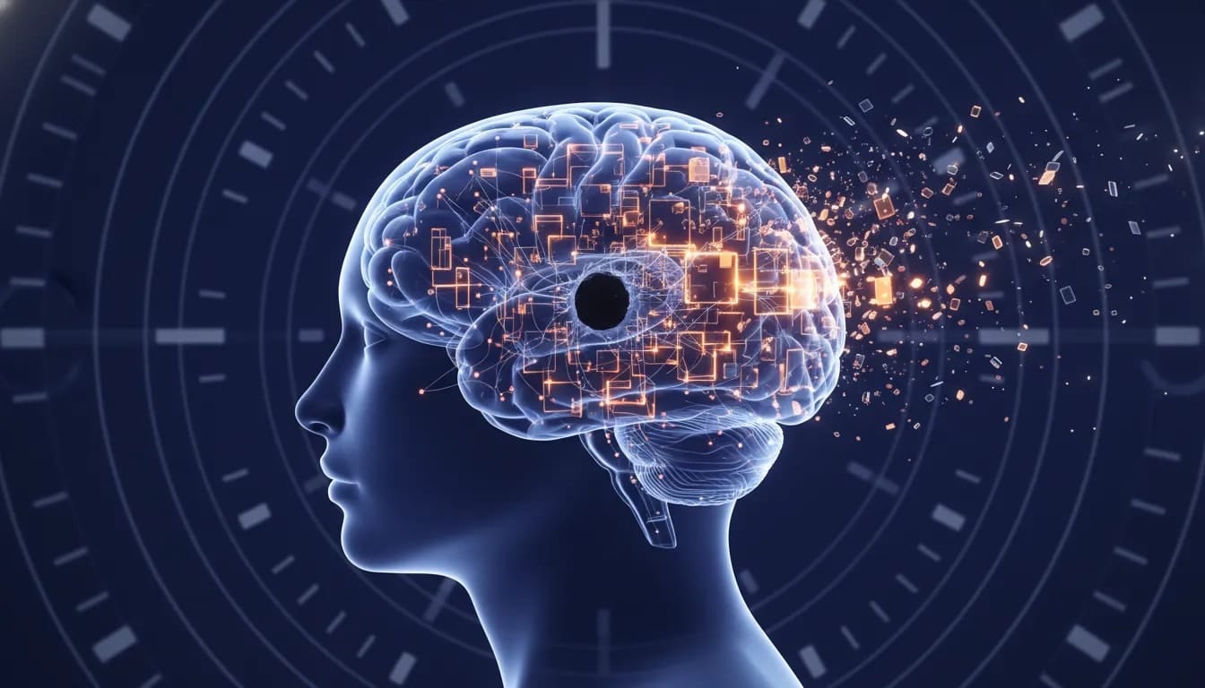 Illustrazione simbolica di un cervello con moduli luminosi della memoria e un’area oscura che rappresenta la perdita di nuovi ricordi, con un orologio astratto senza numeri sullo sfondo