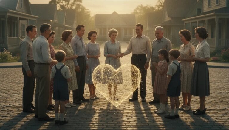 Comunità anni ’60 che si riunisce in cerchio: legami umani che simboleggiano la protezione del cuore, senza testo